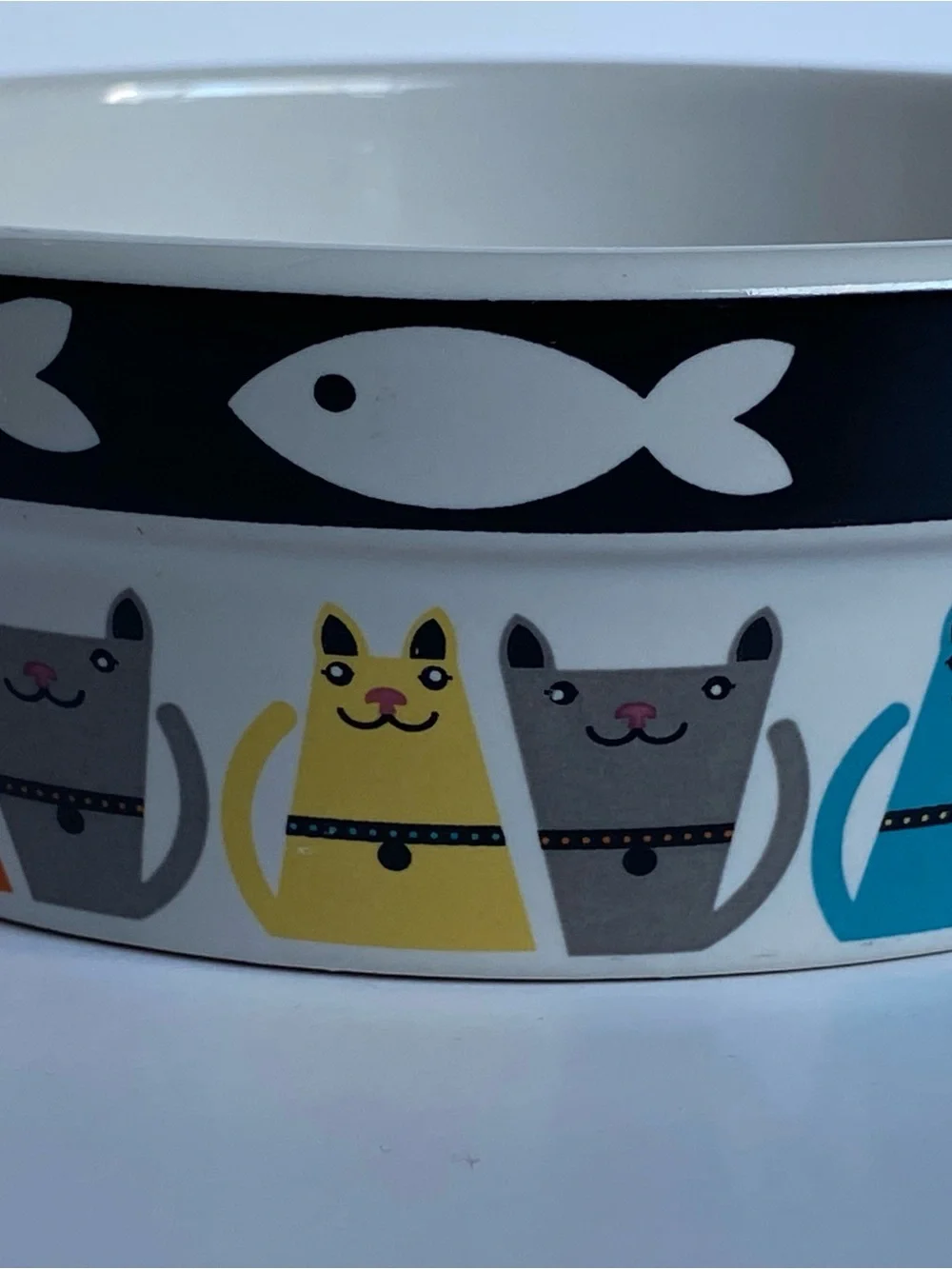 Cat Water Food Bowl Ceramic With Fish And Cats All Around Stoneware 5” Kitty EUC